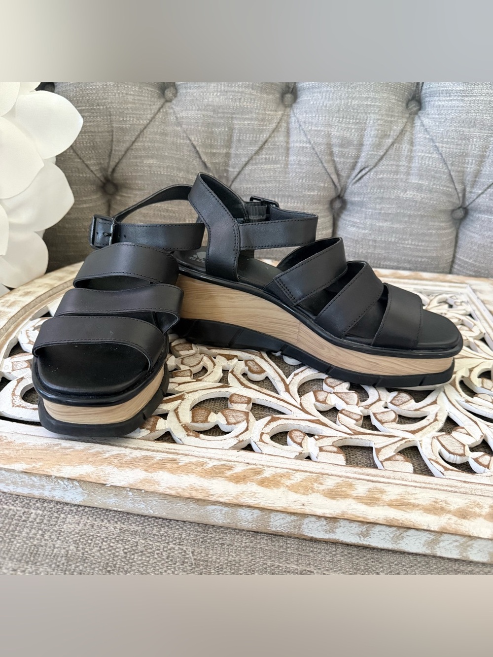 Sorel Black Leather Wide Strap Wedge Platform Sandals Shoes Women’s 10 - Picture 3 of 12